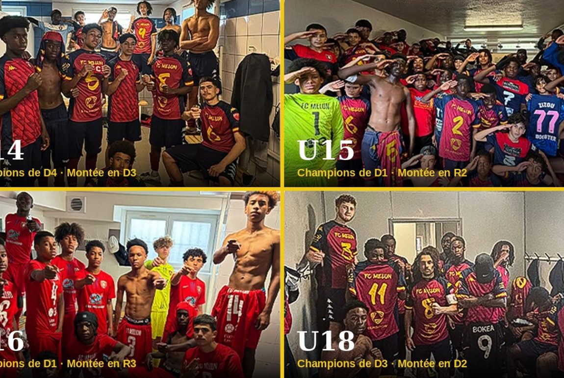 Les U14, U15, U16 et U18 du FC Melun célèbrent en vestiaire leurs titres de champions et leurs montées respectives en D3, R2, R3 et D2 à l’issue de la saison 2025/2026