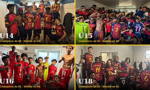 Les U14, U15, U16 et U18 du FC Melun célèbrent en vestiaire leurs titres de champions et leurs montées respectives en D3, R2, R3 et D2 à l’issue de la saison 2025/2026