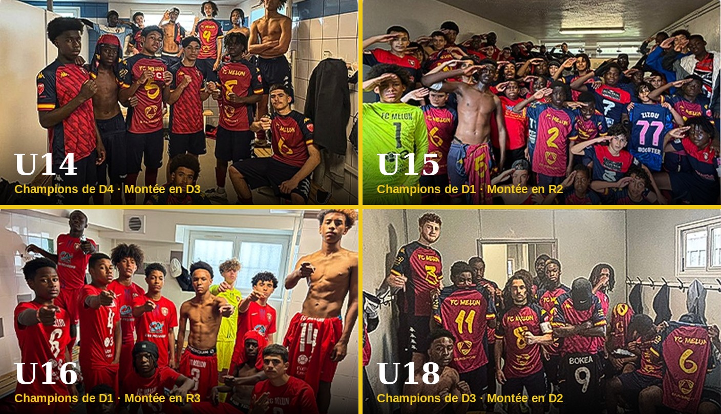 Les U14, U15, U16 et U18 du FC Melun célèbrent en vestiaire leurs titres de champions et leurs montées respectives en D3, R2, R3 et D2 à l’issue de la saison 2025/2026