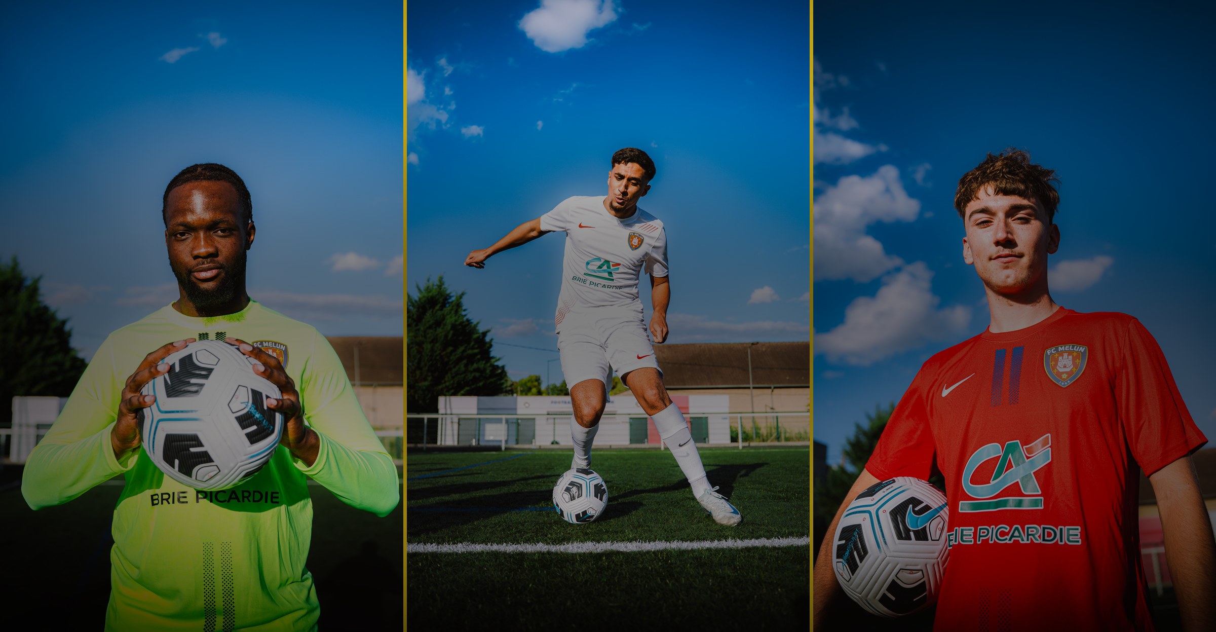 Trois joueurs du FC Melun aux couleurs du club — appel aux entreprises souhaitant devenir sponsors