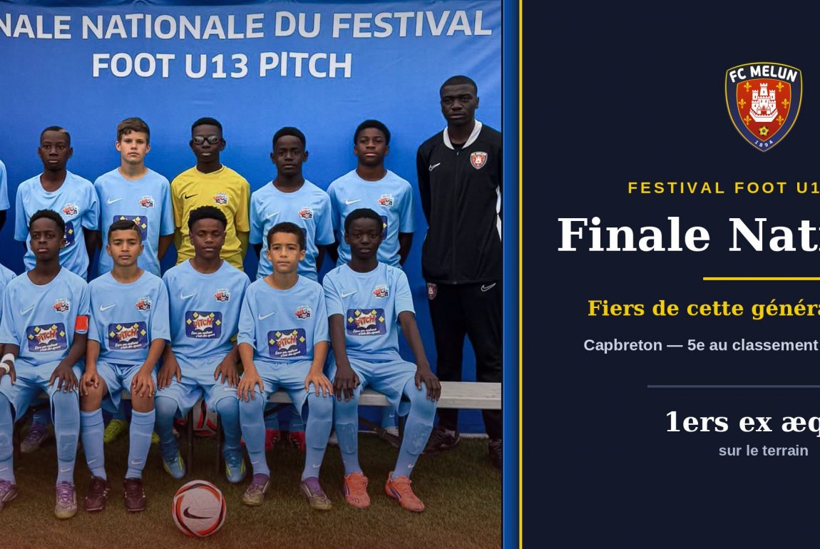 L’équipe U13 du FC Melun, génération 2013, et son encadrement devant le panneau de la finale nationale du Festival Foot U13 Pitch, à Capbreton