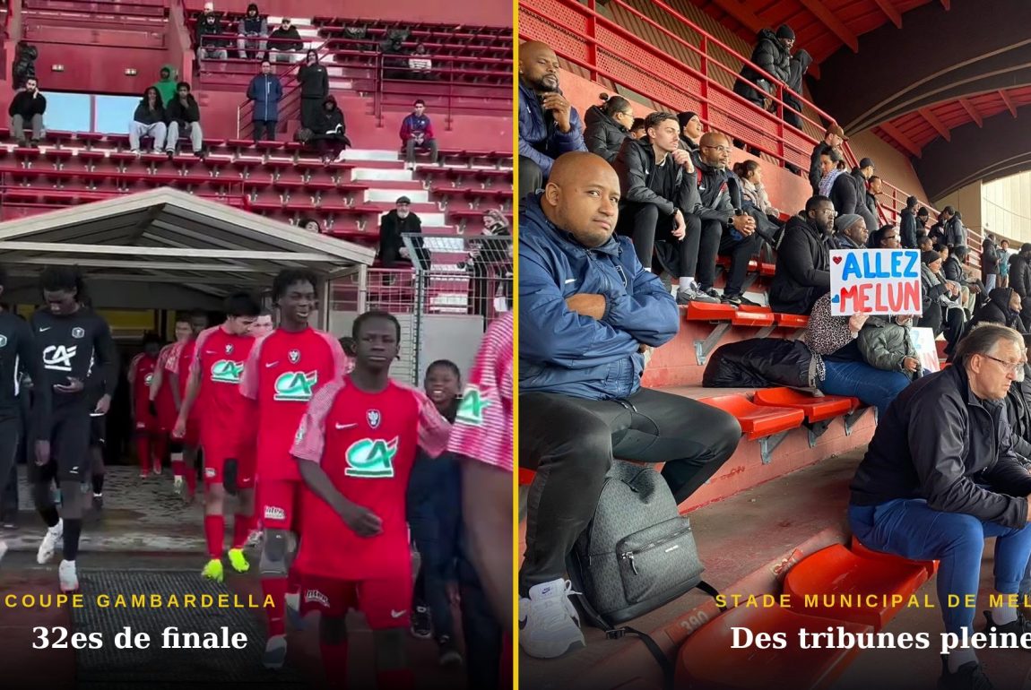 Les U18 du FC Melun entrent sur le terrain du stade Municipal pour leur 32e de finale de Coupe Gambardella, devant des tribunes pleines