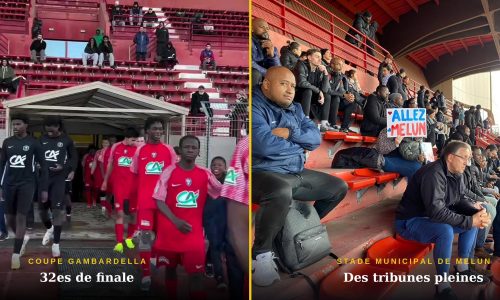 Les U18 du FC Melun entrent sur le terrain du stade Municipal pour leur 32e de finale de Coupe Gambardella, devant des tribunes pleines