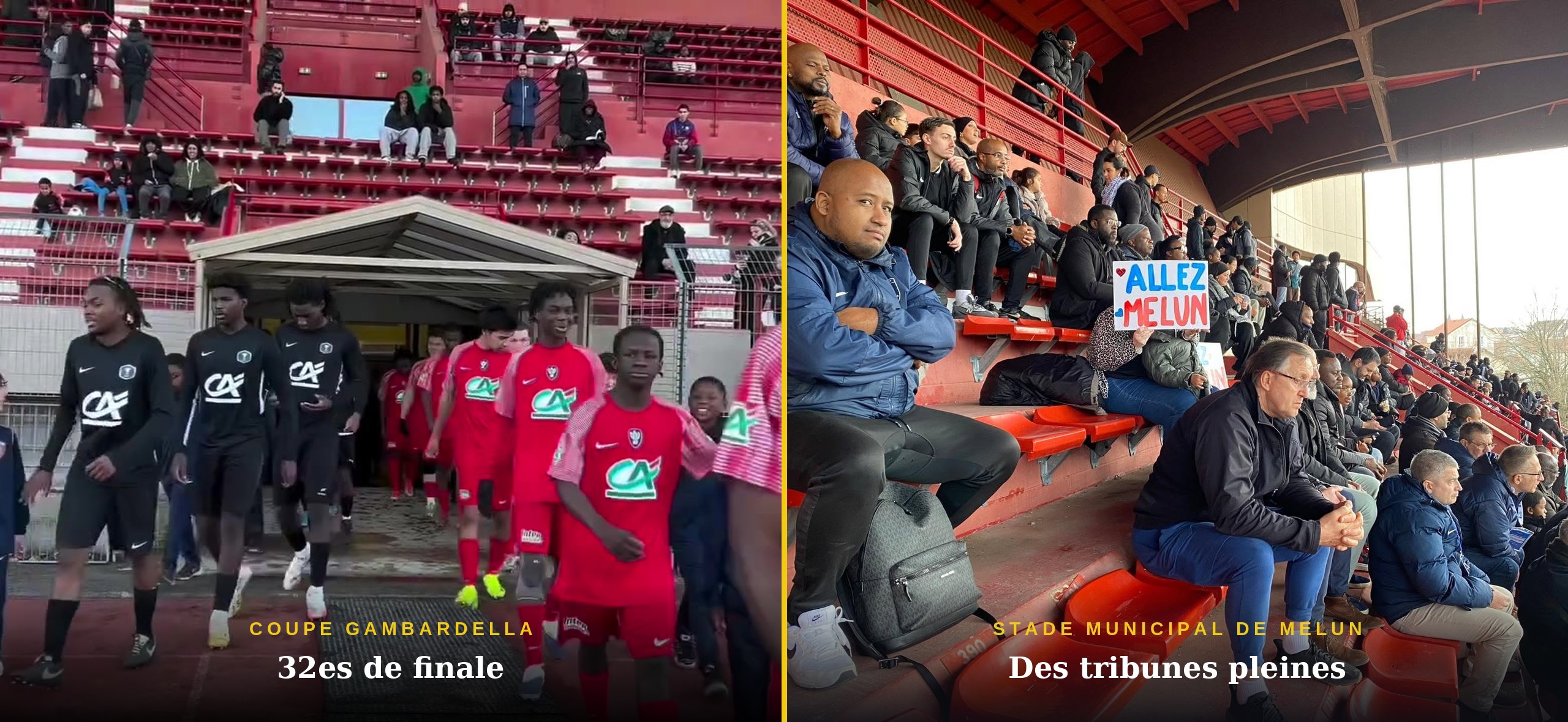 Les U18 du FC Melun entrent sur le terrain du stade Municipal pour leur 32e de finale de Coupe Gambardella, devant des tribunes pleines